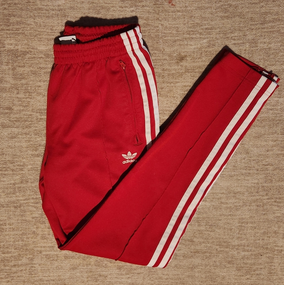 Adidas Red Sweatpants with Signature White Stripes